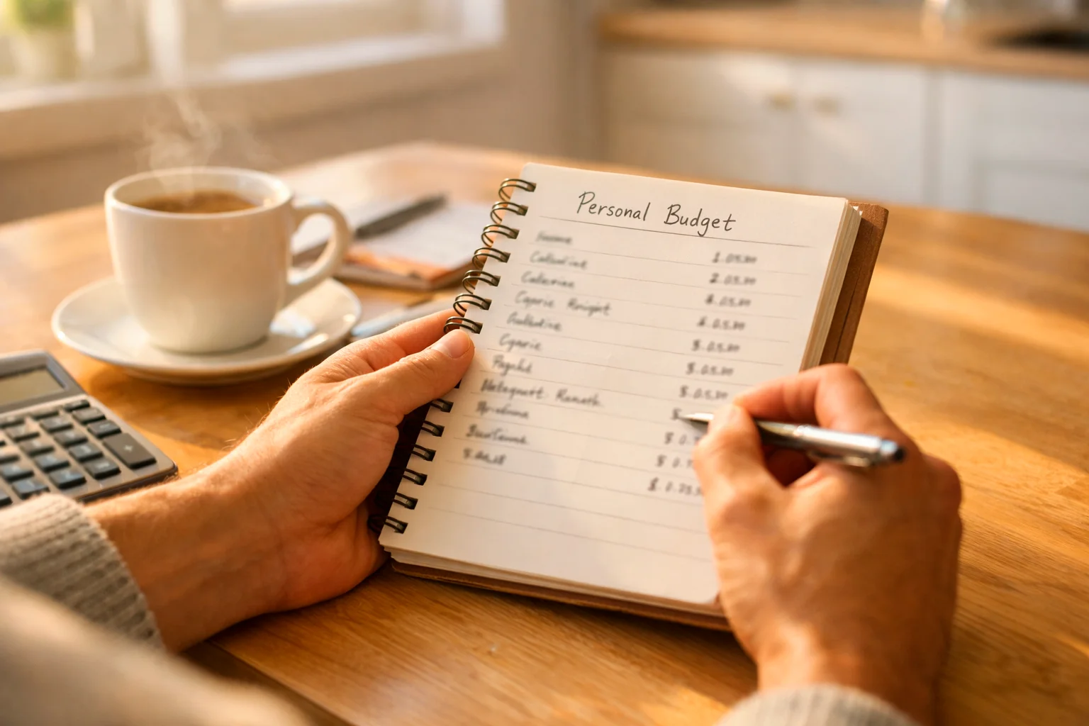 Persona che pianifica budget su un quaderno con annotazioni