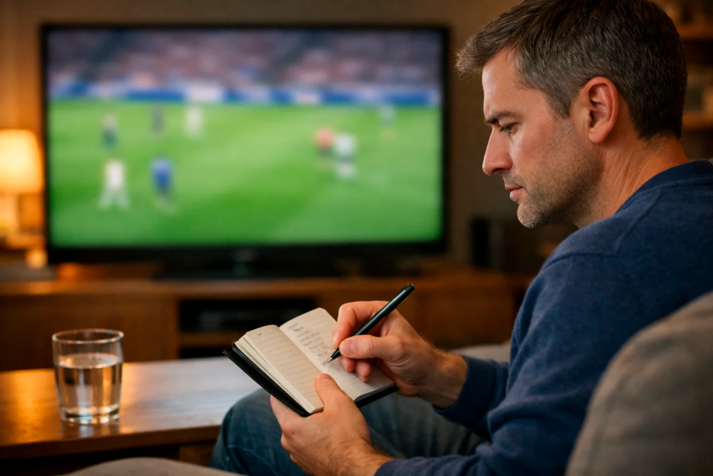 Persona concentrata che prende appunti mentre guarda una partita di calcio