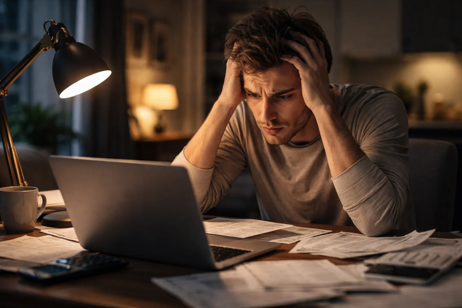 Scommettitore stressato con mani sulla testa davanti al computer