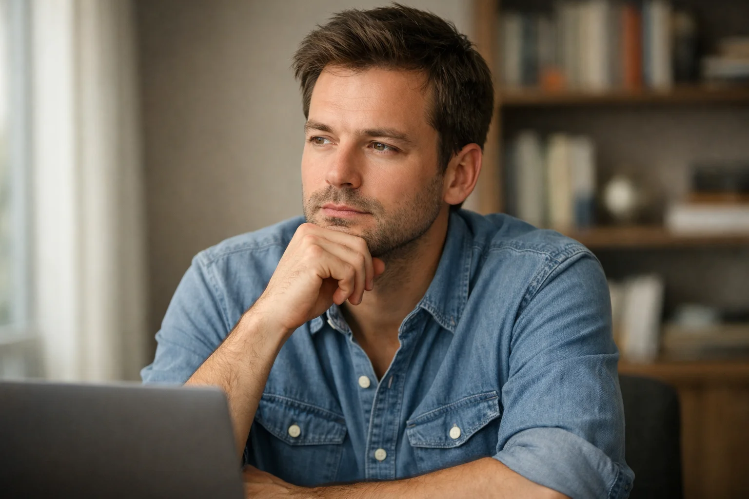 Scommettitore pensieroso che riflette davanti a uno schermo