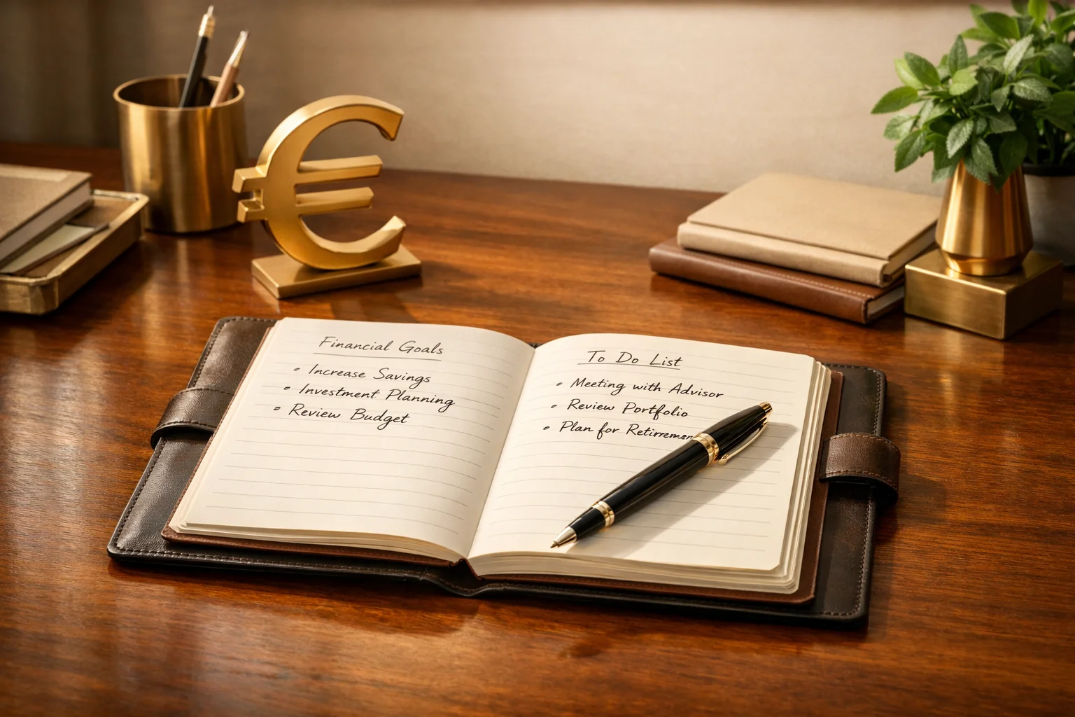 Scrivania organizzata con quaderno di appunti e simbolo euro