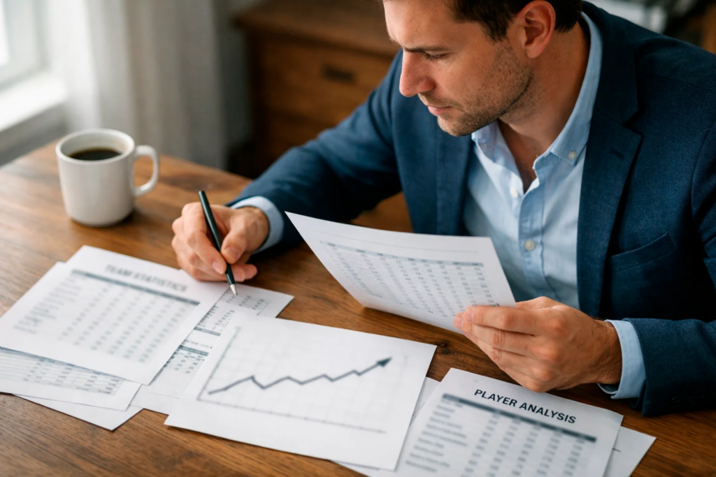 Professionista che analizza statistiche di calcio su documenti e grafici