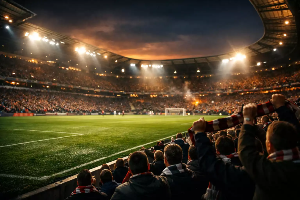 Stadio di calcio illuminato durante una partita serale con tifosi sugli spalti