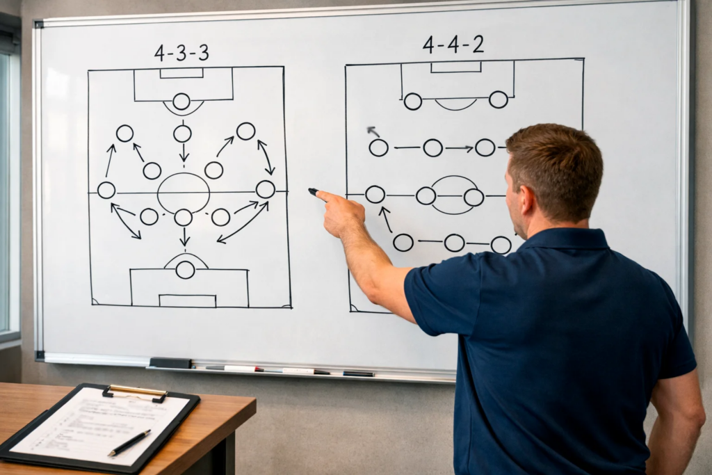 Analista sportivo che studia formazioni e tattiche di calcio su lavagna